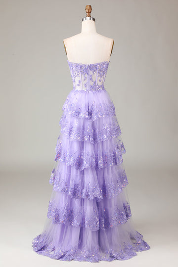 Lavender Strapless Tiered Tulle Corset Ball Dress with Appliques
